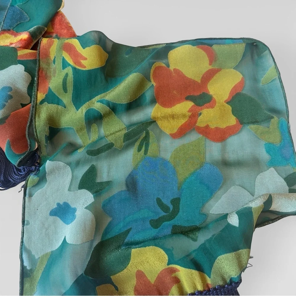 Vintage Multicolor Sheer Floral Velvet Burnout Scarf Fringe Boho Romantic